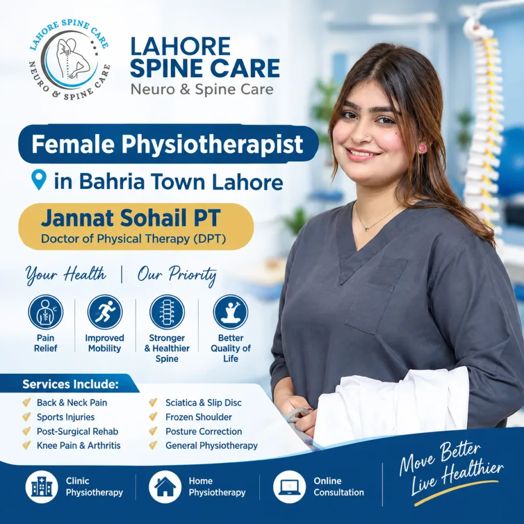 Female Physiotherapist in Bahria Town Lahore | Jannat Sohail PT 1 Female Physiotherapist in Bahria Town Lahore, Jannat Sohail PT (Doctor of Physical Therapy), providing expert physiotherapy, spine rehabilitation, back pain, neck pain, sports injury treatment, home physiotherapy, online consultation, and clinic services at Lahore Spine Care.