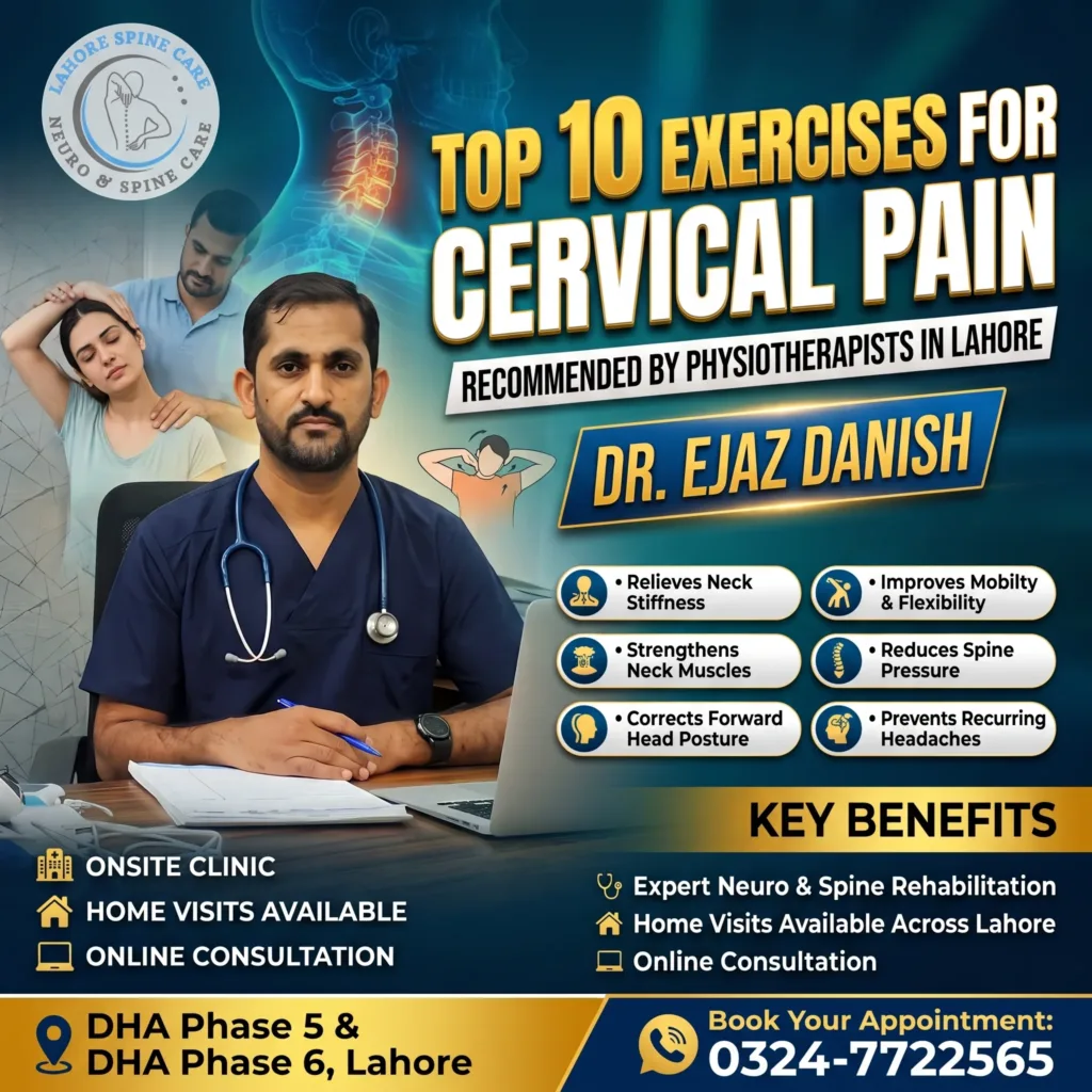 Top 10 exercises for cervical pain recommended by physiotherapists in Lahore by Dr. Ejaz Danish at Lahore Spine Care for neck pain, cervical spondylosis, and posture correction.